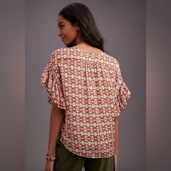 Anthropologie Sylvie Ruffle-Sleeve Blouse Multi Color! Fun Sold Out! Size Med - Picture 4 of 10
